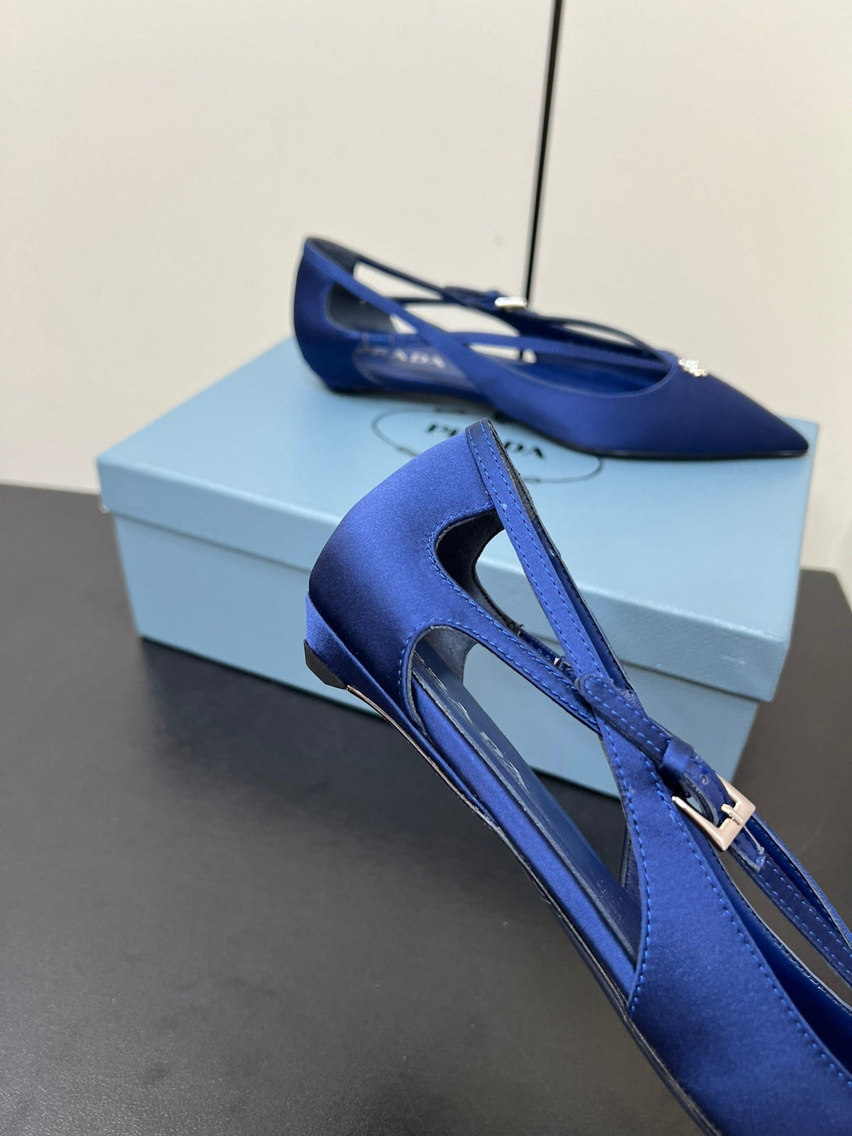 CUT-OUT BALLERINA FLAT IN NAVY BLUE SATIN ATTACHED BEAD BUCKLE