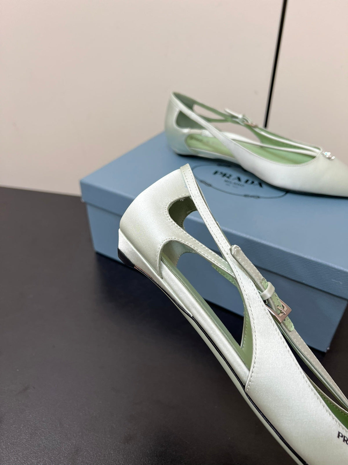 CUT-OUT BALLERINA FLAT IN CHETWODE GREEN SATIN ATTACHED BEAD BUCKLE