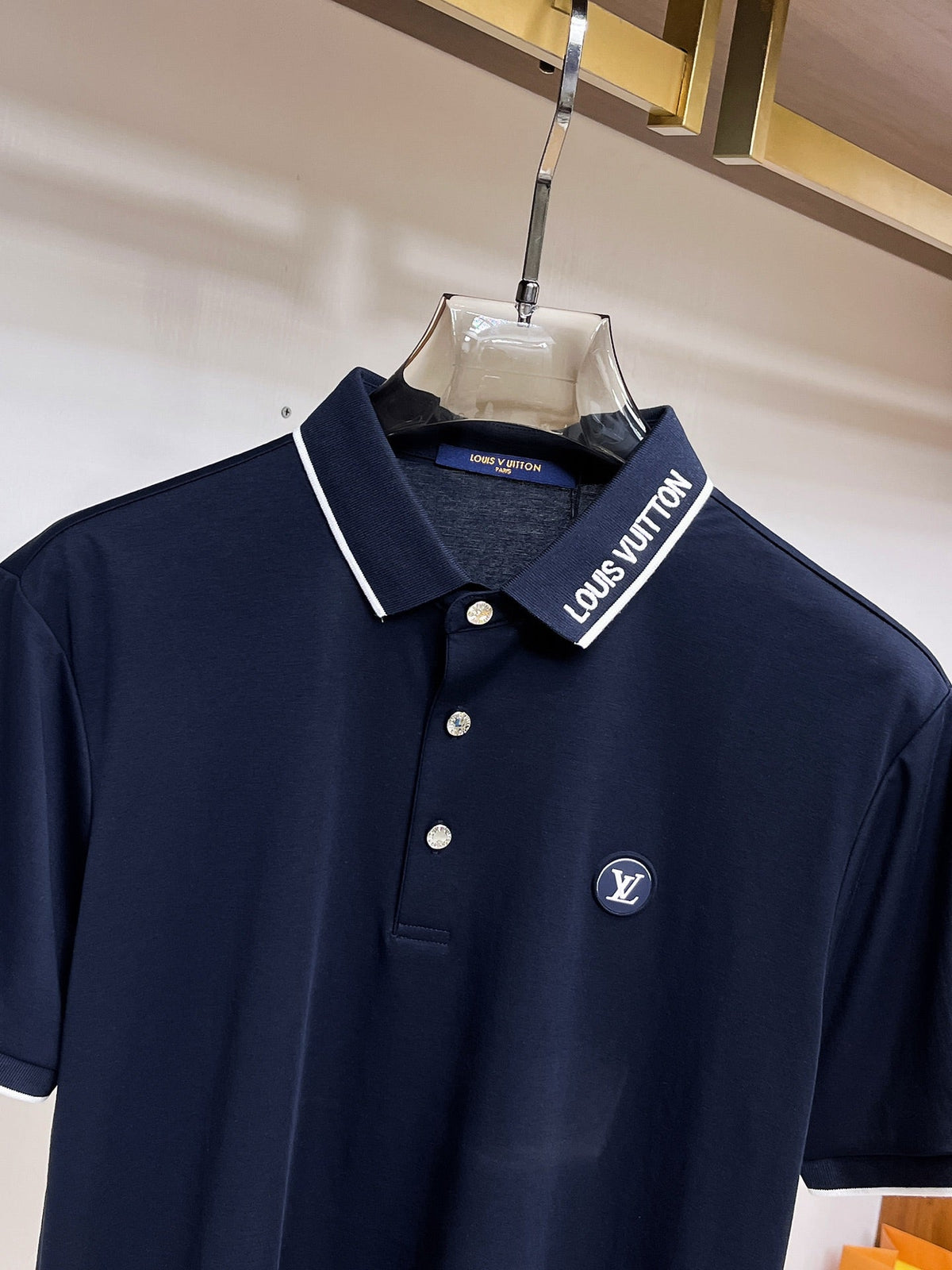 LV 2026 Men Short-sleeved Polo Shirt Navy Blue Fabric 303338