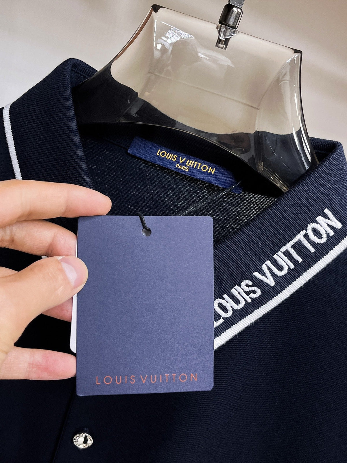 LV 2026 Men Short-sleeved Polo Shirt Navy Blue Fabric 303338