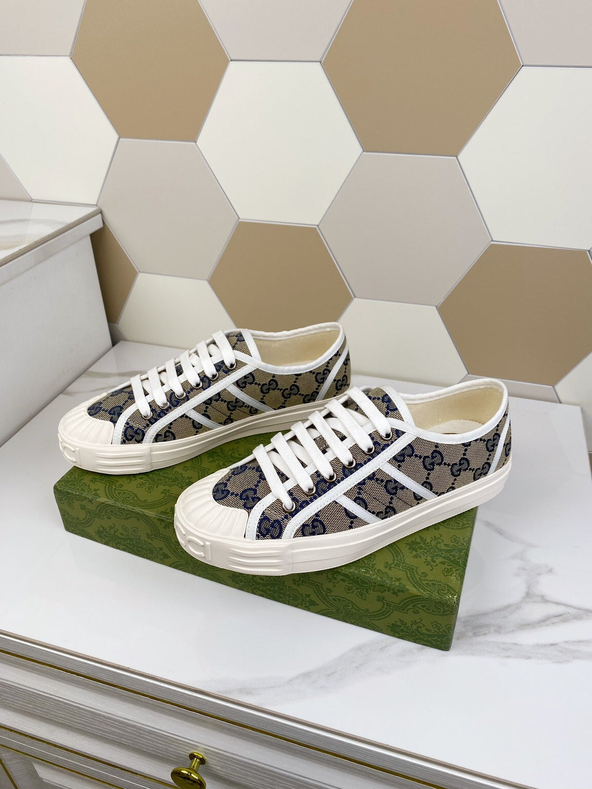 GG JULIO SNEAKER WITH WEB NAVY PATTERNED CANVAS