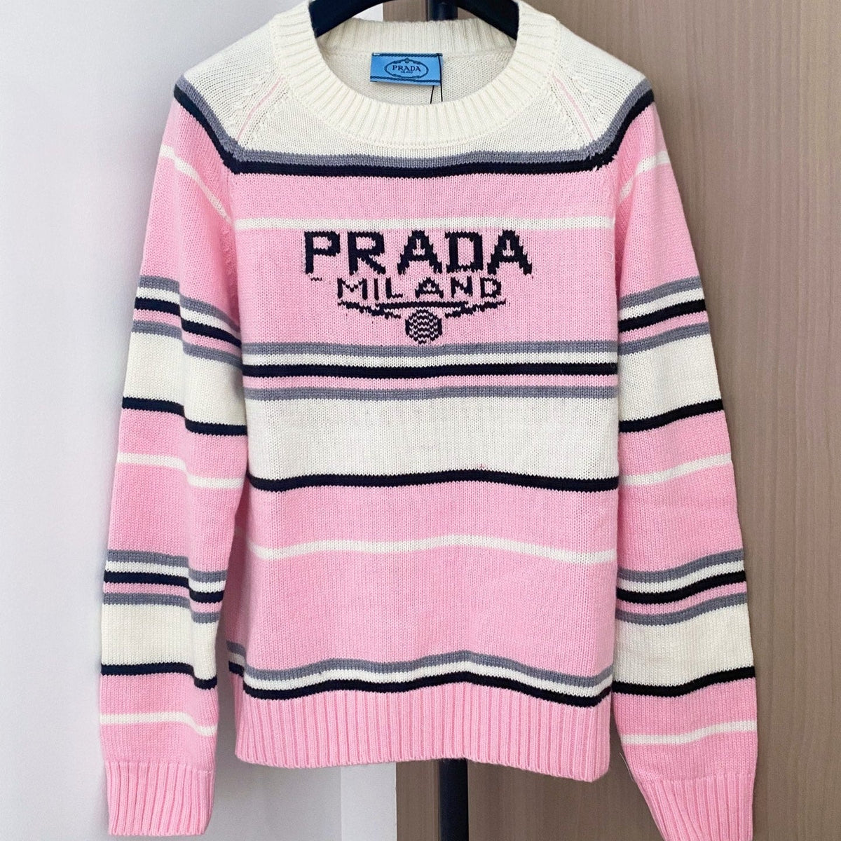 Prada 2025 Striped Long-sleeved Sweater Pink White Wool Cashmere