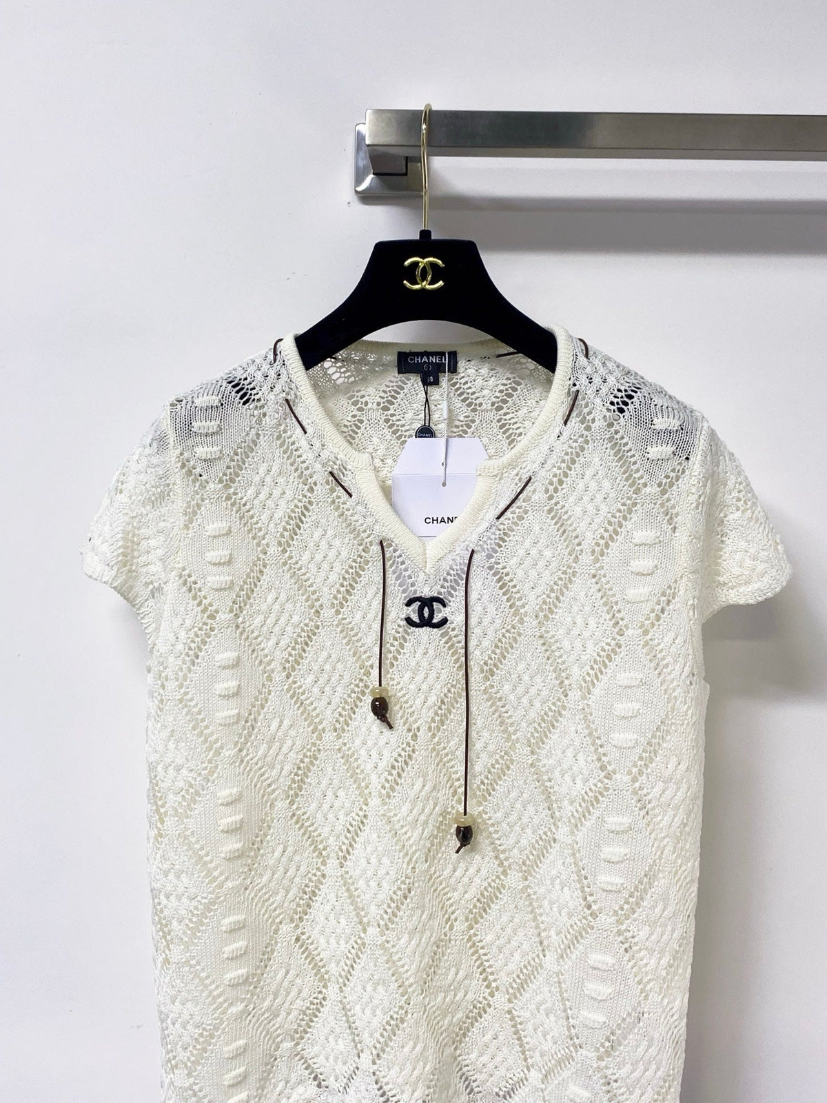 Chanel 2026 Hollow-Out Knit Top Drawstring Laine Wool 479951