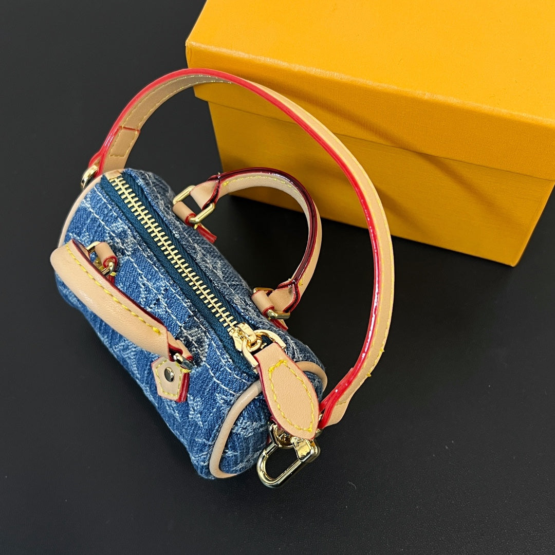 LV Micro Speed Bag Charm Blue Beige Canvas Leather