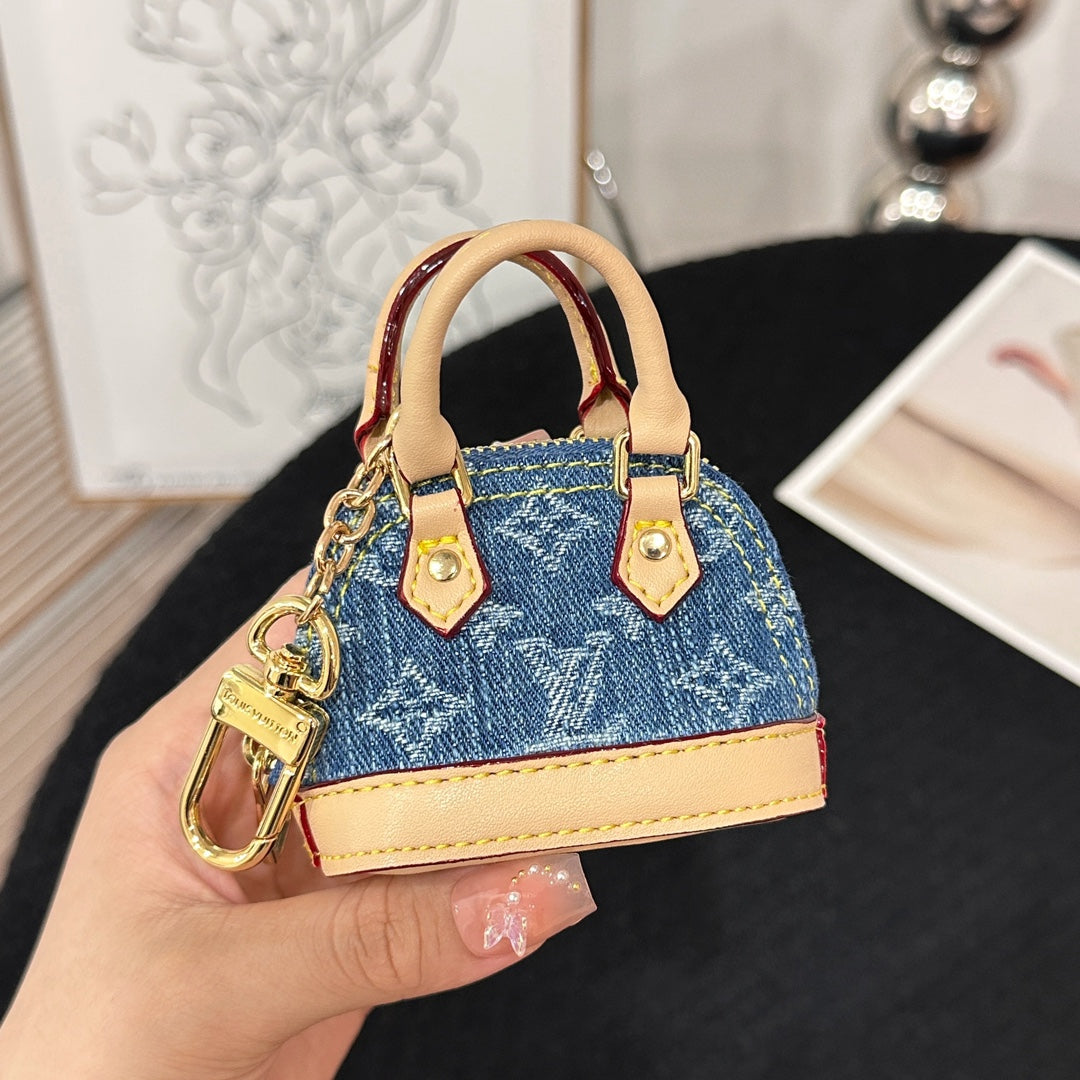 LV Alma Bag Charm Denim Blue mix Beige Cowhide Canvas