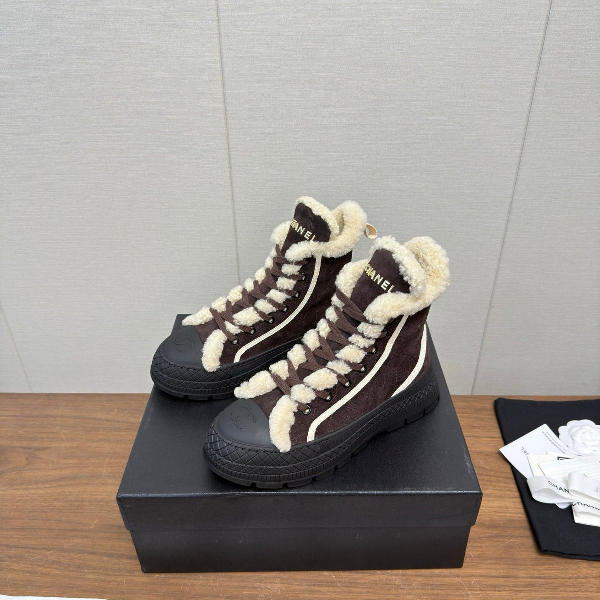 Chanel 2026 Lace Up Ankle Boots Suede Wool 194845