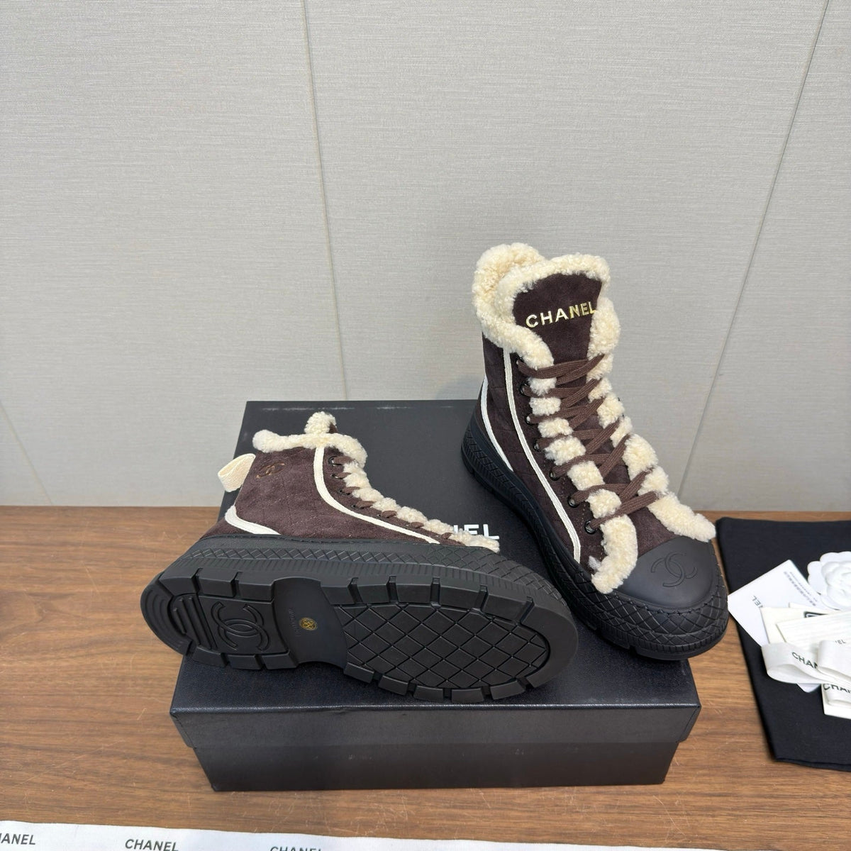 Chanel 2026 Lace Up Ankle Boots Suede Wool 194845