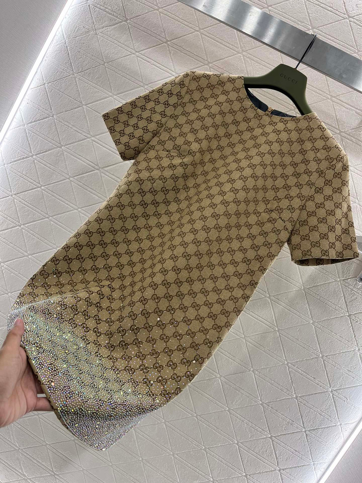 GG Beige Monogram Crystal Embellished Mini Dress