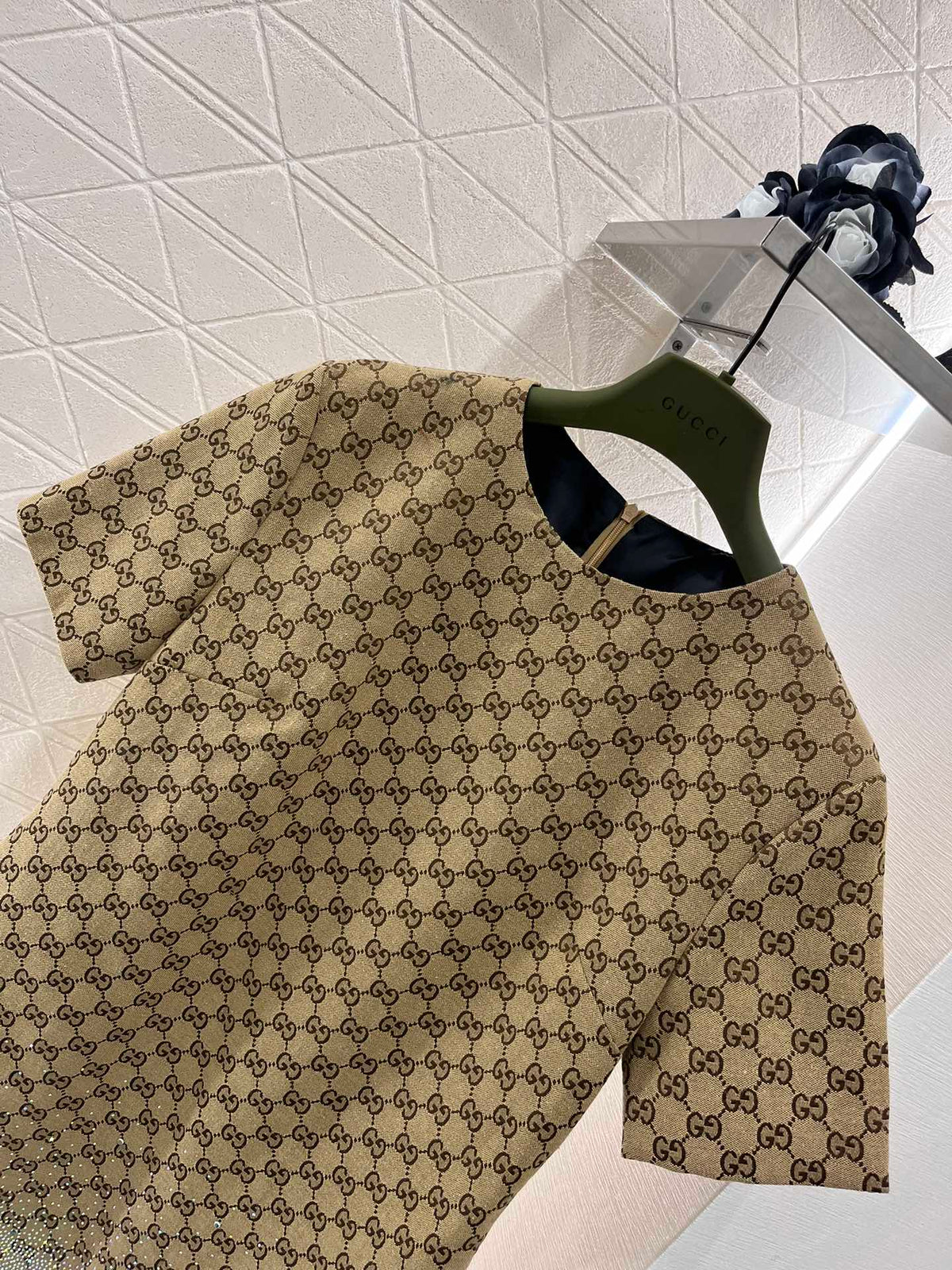 GG Beige Monogram Crystal Embellished Mini Dress