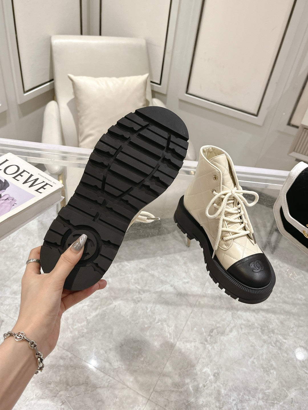 CC Combat Boots 50mm In Ivory White Mix Black Quilted Cowhide And Lambskin 944662