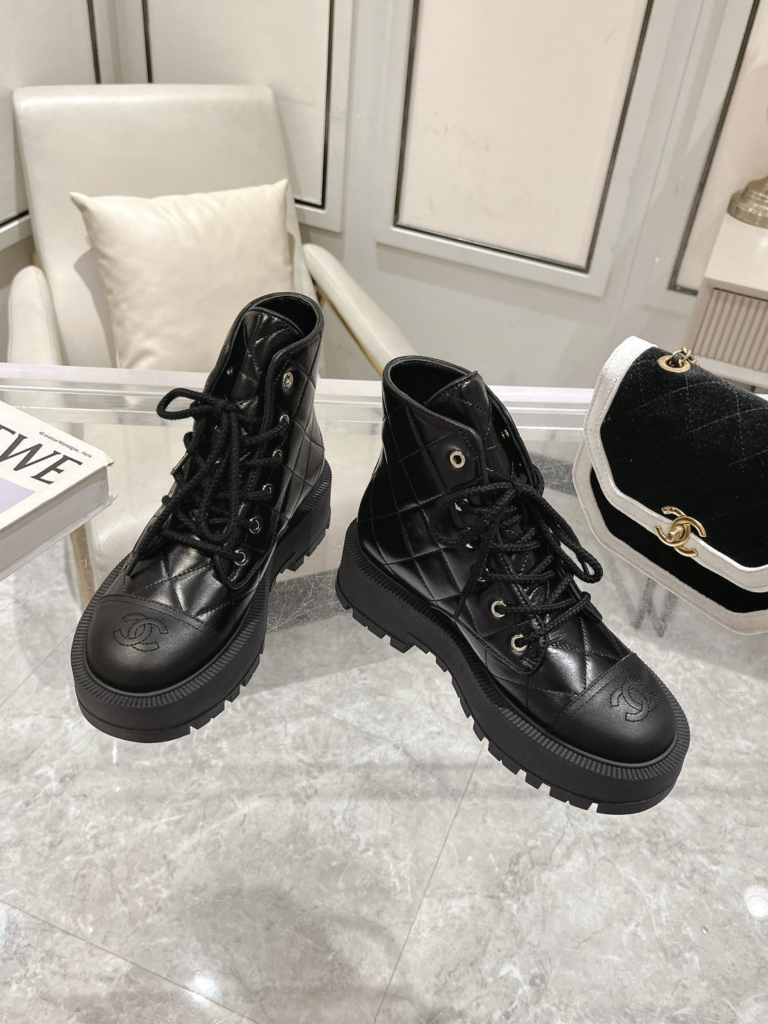 CC Combat Boots 50mm In Glossy Black Cowhide And Lambskin  944661