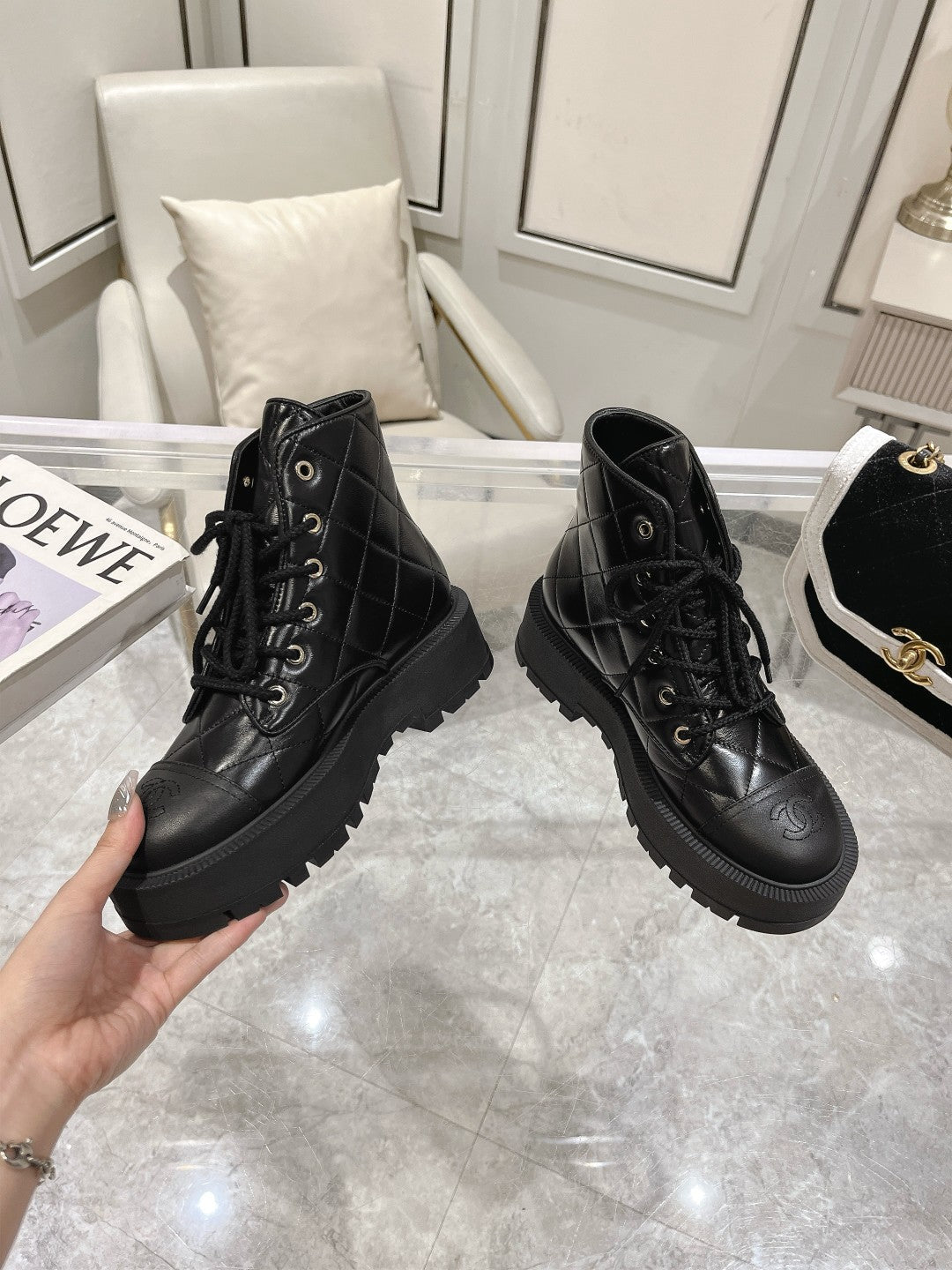CC Combat Boots 50mm In Glossy Black Cowhide And Lambskin  944661