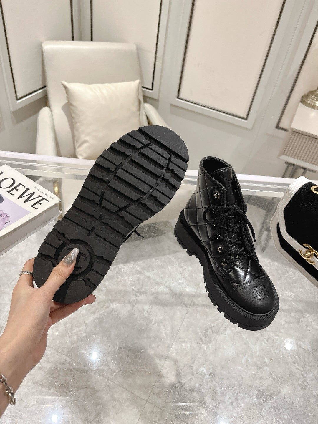 CC Combat Boots 50mm In Glossy Black Cowhide And Lambskin  944661
