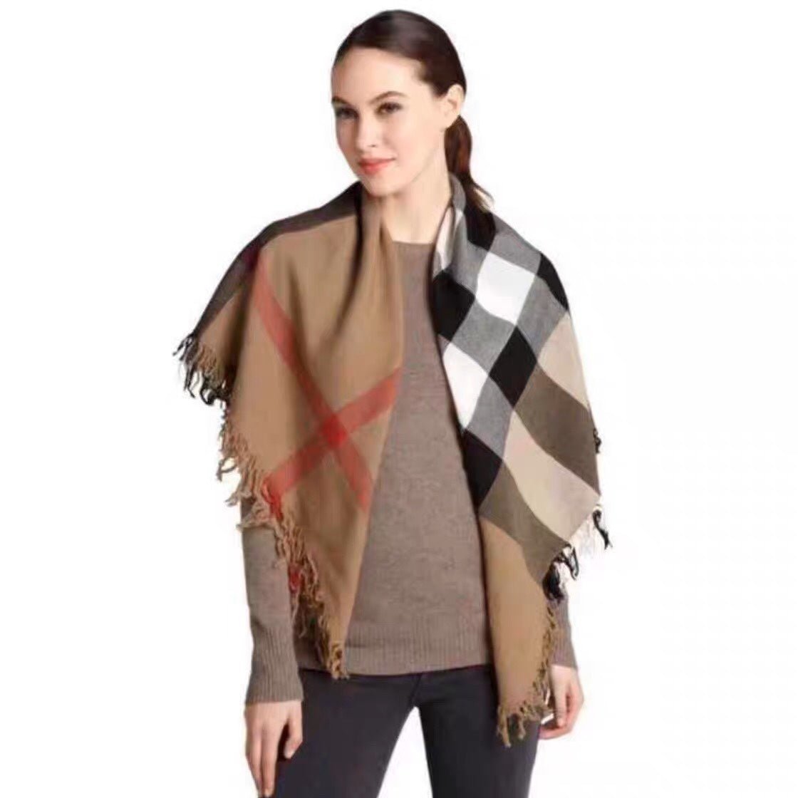 REVERSIBLE CHECK 140 CM WOOL SILK SCARF CAMEL BEIGE 408964
