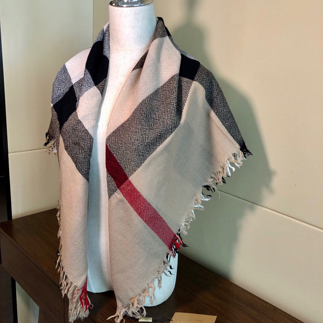 REVERSIBLE CHECK 140 CM WOOL SILK SCARF CAMEL BEIGE 408964