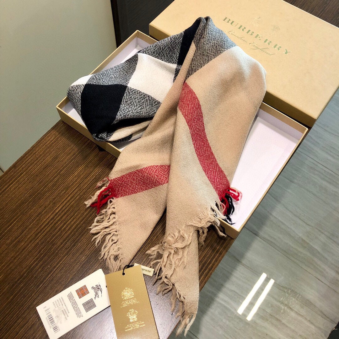 REVERSIBLE CHECK 140 CM WOOL SILK SCARF CAMEL BEIGE 408964