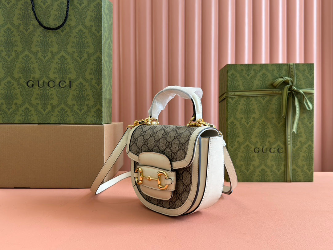 Gucci Horsebit Bag Ebony Mix White Leather 239813