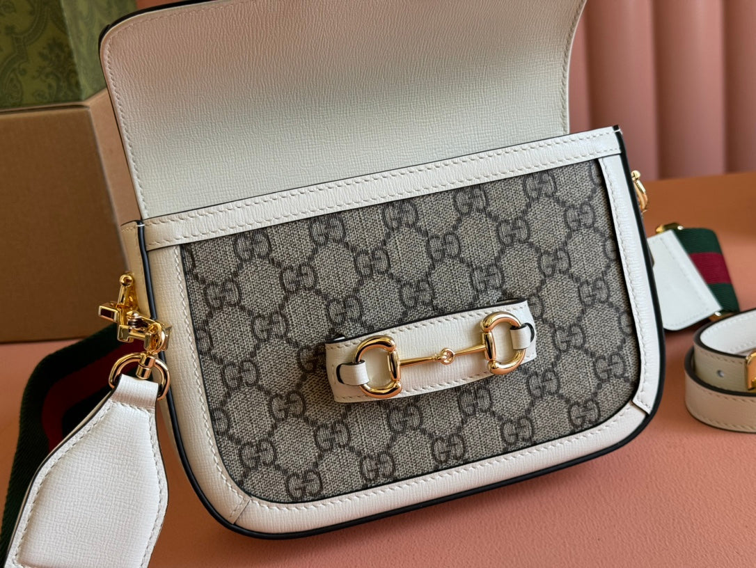 Gucci Horsebit Bag Ebony mix White Leather Canvas 244256