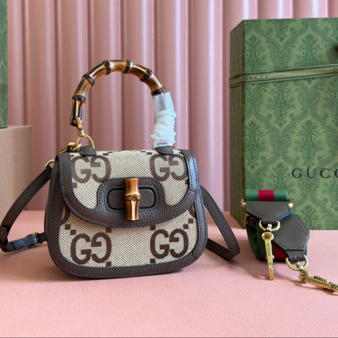 Gucci Bamboo Bag 17cm Brown mix Beige Canvas Leather 248506