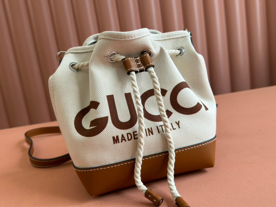 Gucci Bucket Bag Brown White Leather Canvas