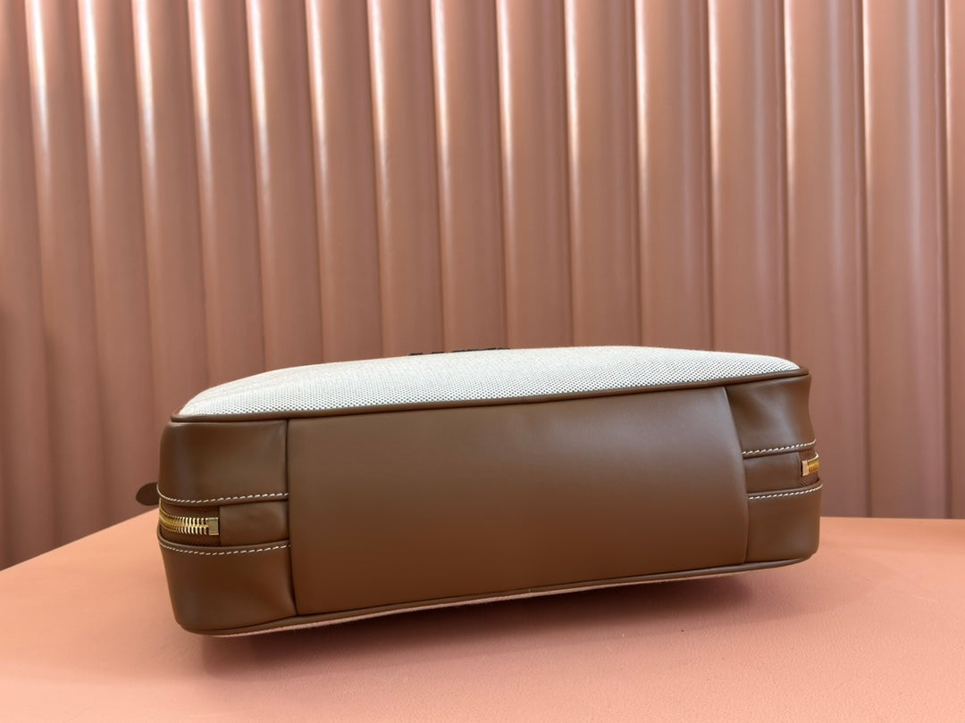 BEAU TOP HANDLE BAG 34 IN WHITE CANVAS AND WALNUT BROWN CALFSKIN TRIM