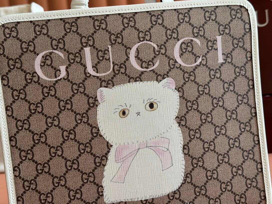 Gucci Cat Print Tote Bag White Beige Canvas 231241