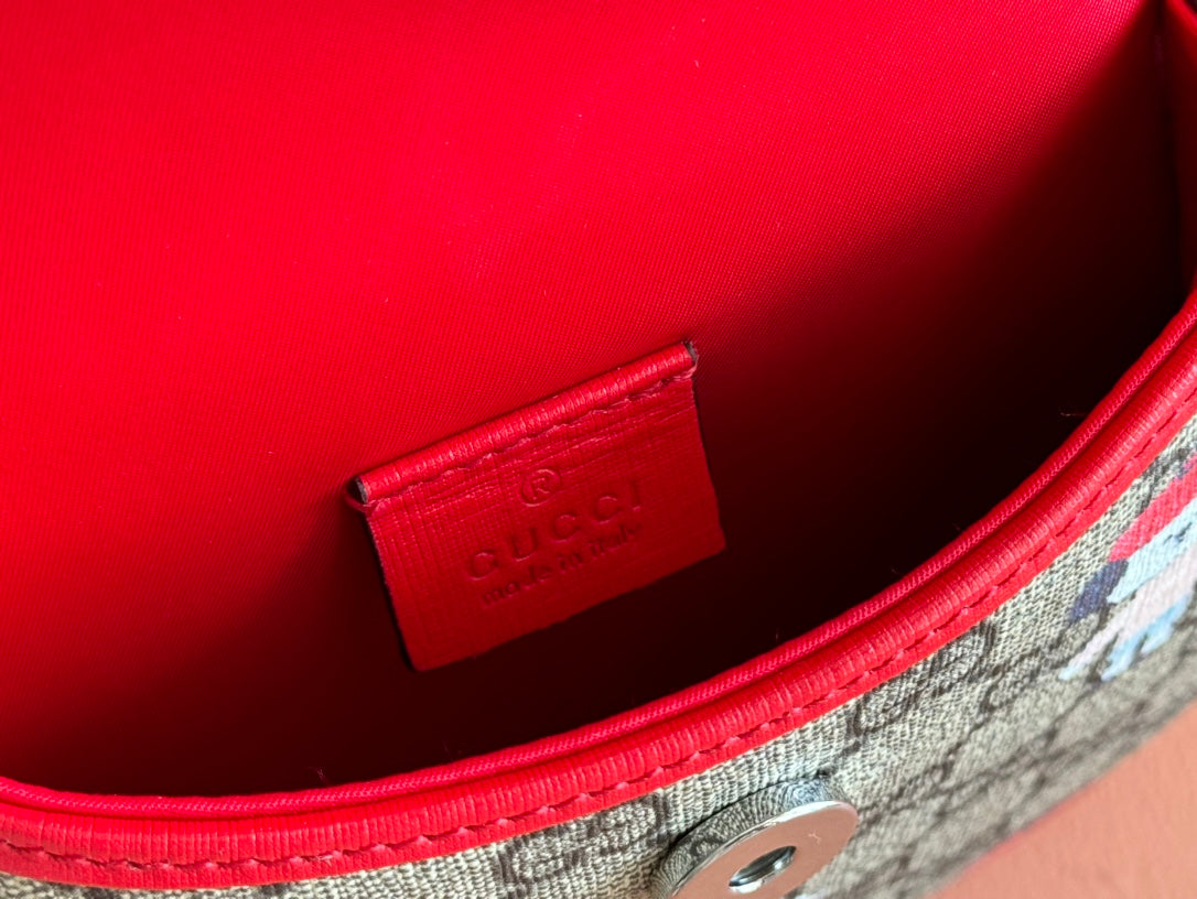 Gucci Dog Print Shoulder Bag White Red Beige Canvas 239661