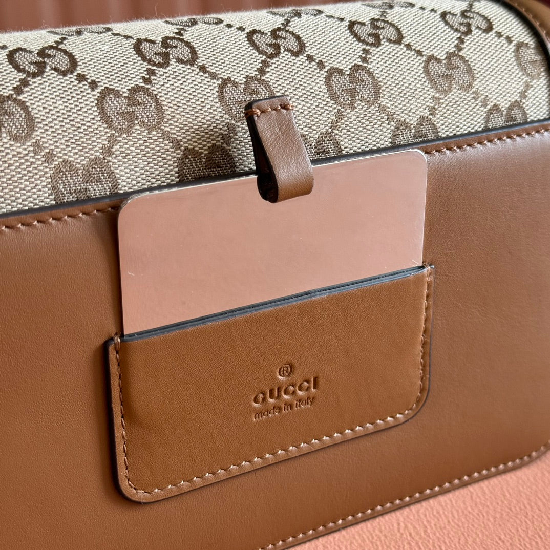 Gucci GO Small Shoulder Bag Brown mix Beige Leather Canvas 248116