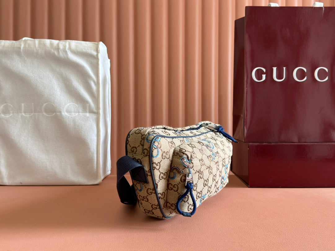Gucci Snake Print Bag Beige mix Blue Canvas 248145