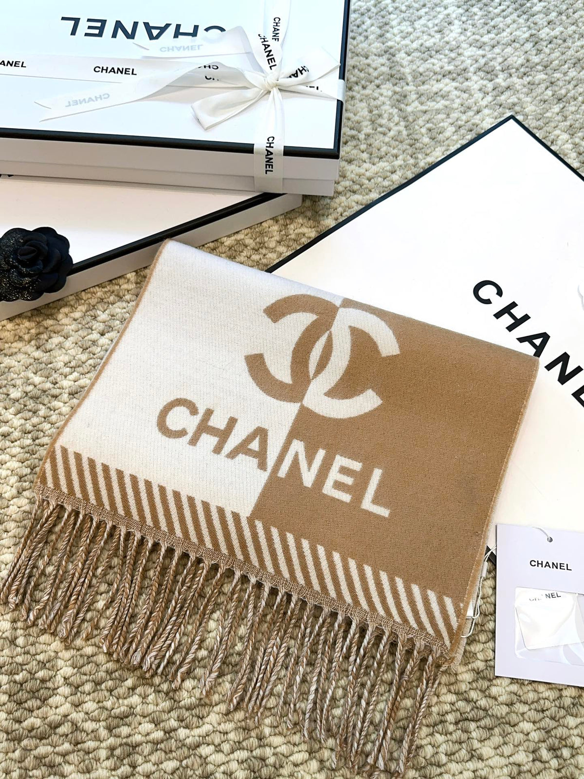 CC Scarf 184 CM In Light Brown Mix White Wool Jacquard 424861