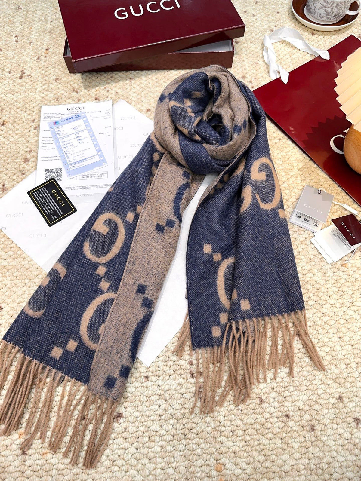 GG Double G Jacquard Scarf 200CM  Blue Beige Wool 282792