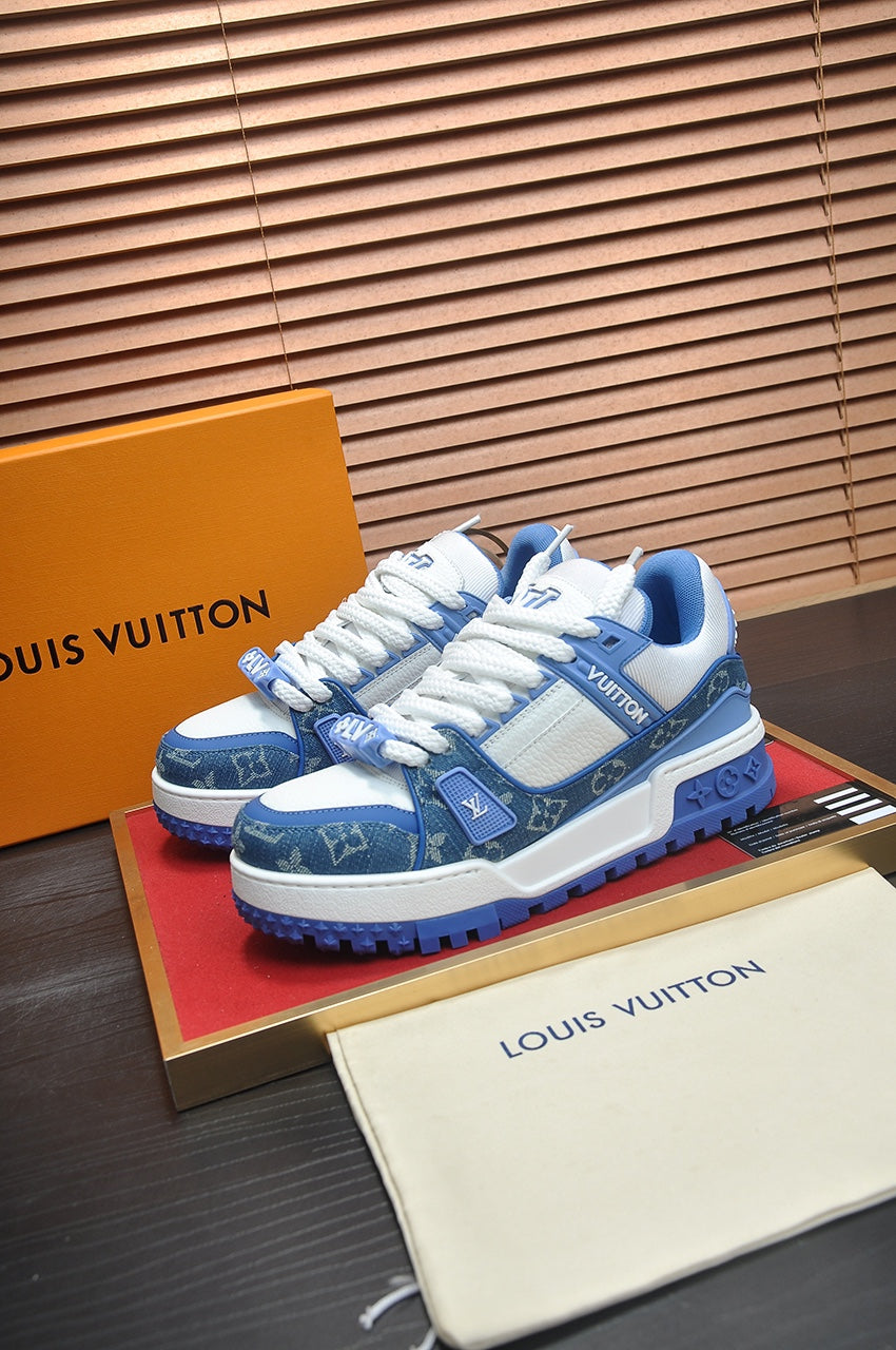 LV TRAINER SNEAKER BLUE MONOGRAM DENIM AND WHITE CALFSKIN