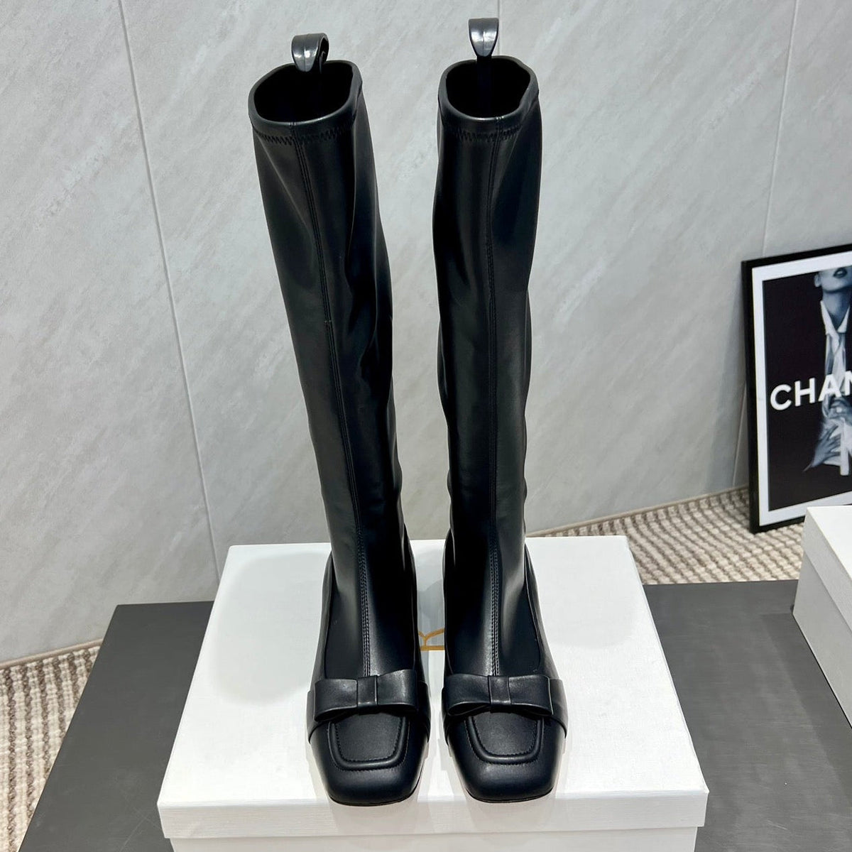 The Row 2025 Square Toe And Bow Accent Long Boot Black Sheepskin 540513
