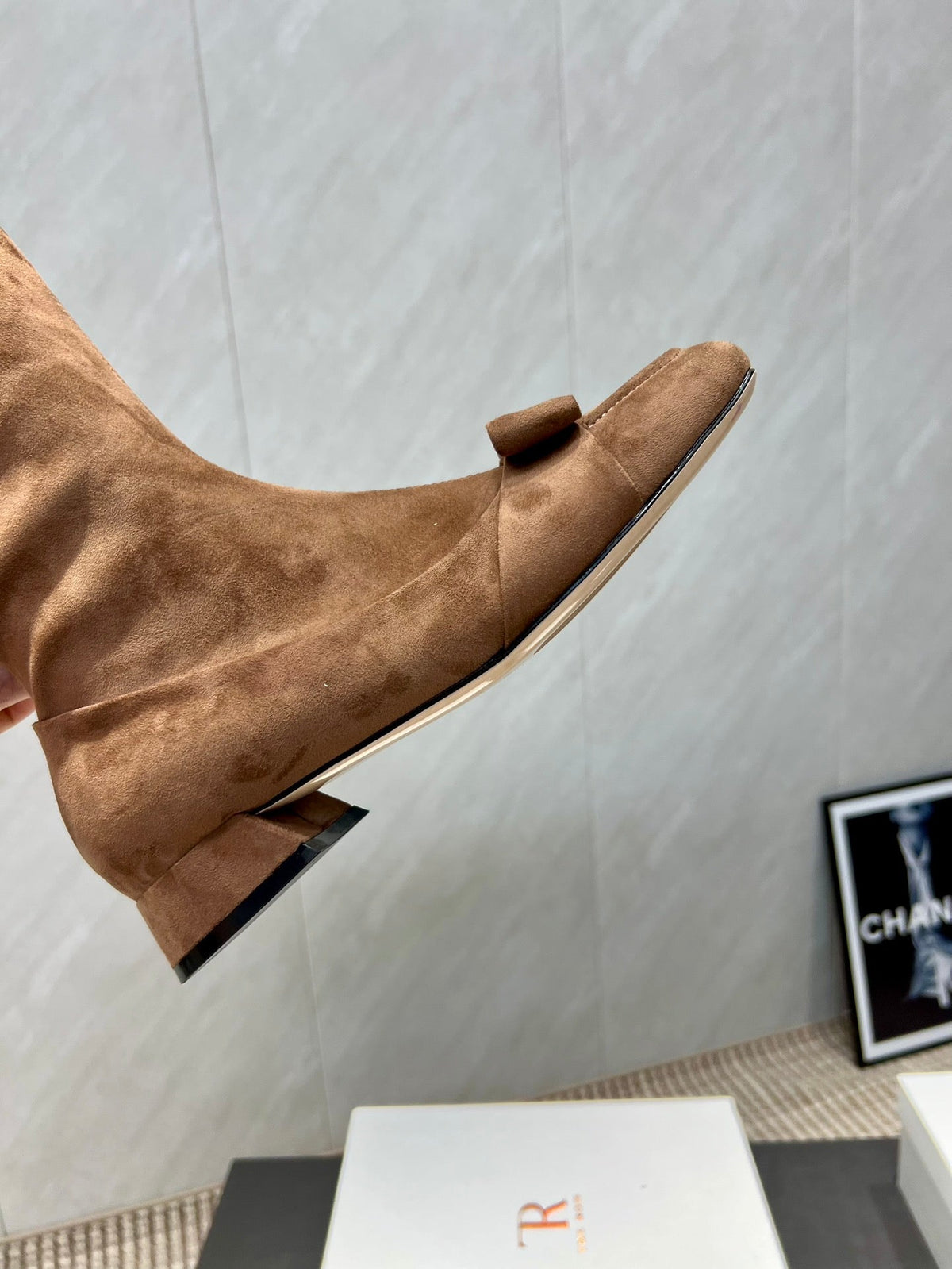 The Row 2025 Square Toe And Bow Accent Long Boot Brown Suede 540515