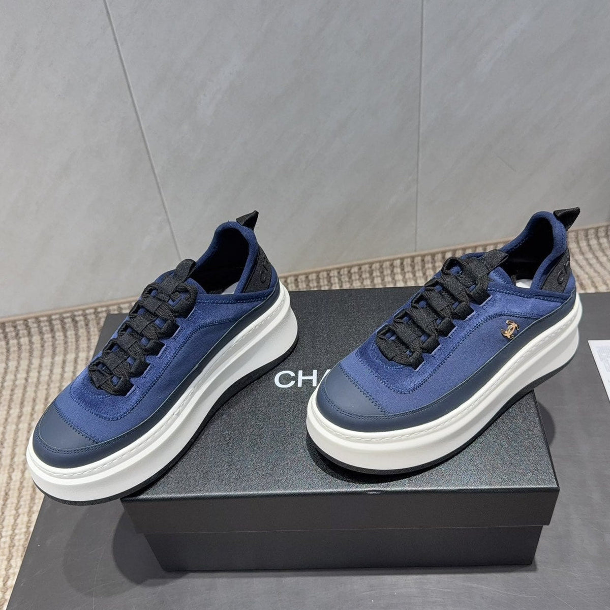 Chanel 25 Sneaker Blue White Black Suede Sheepskin 540286