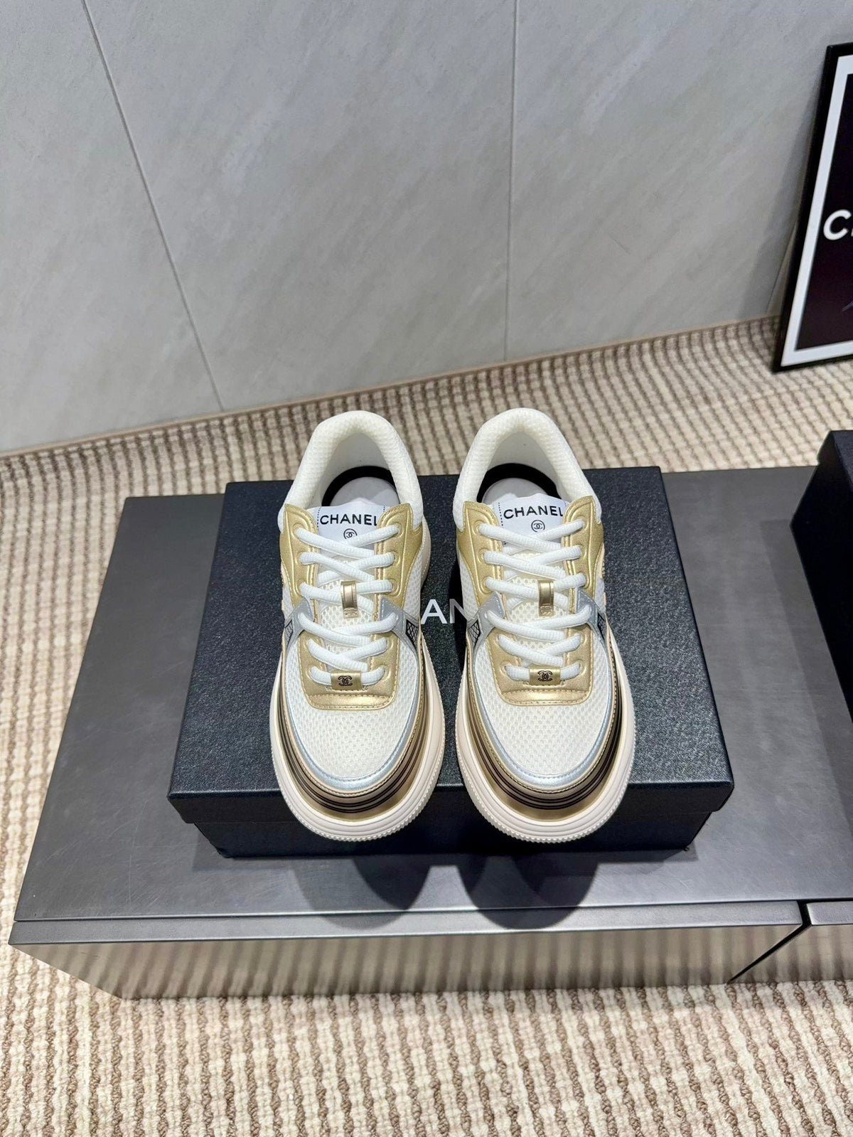Chanel 25 Sneaker White Gold Mesh Leather 540309