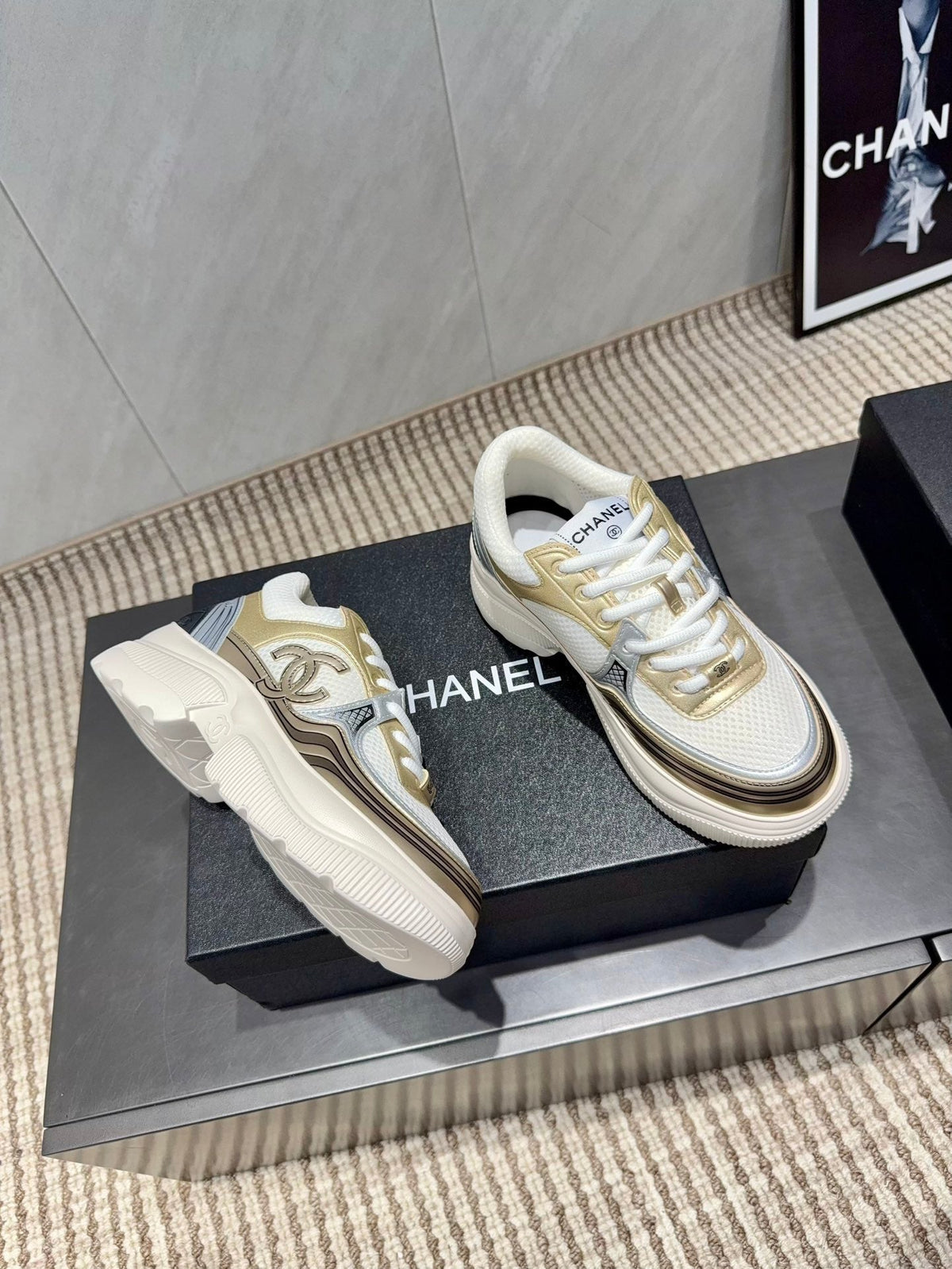 Chanel 25 Sneaker White Gold Mesh Leather 540309