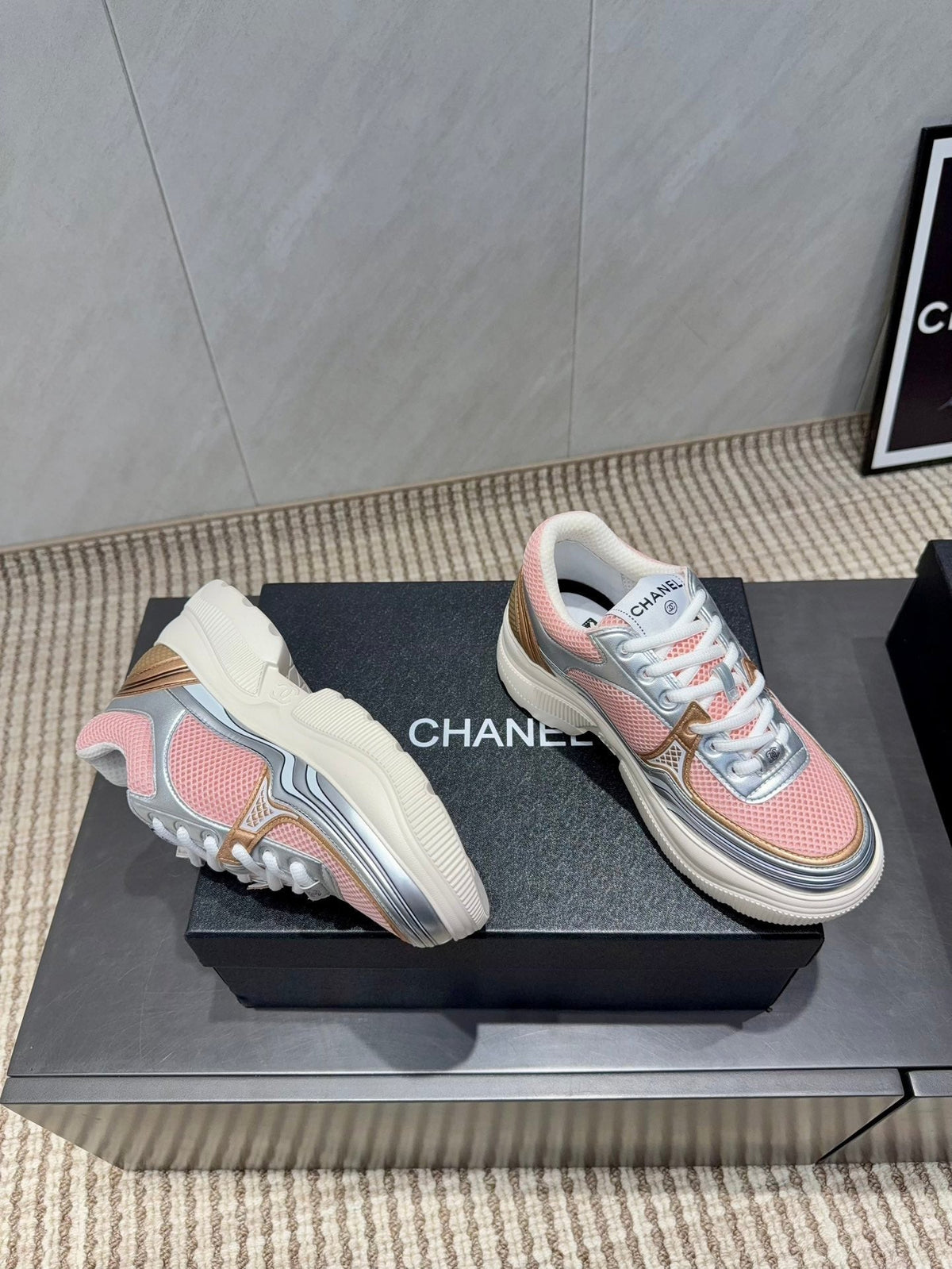 Chanel 25 Sneaker White Pink Silver Mesh Leather 540311
