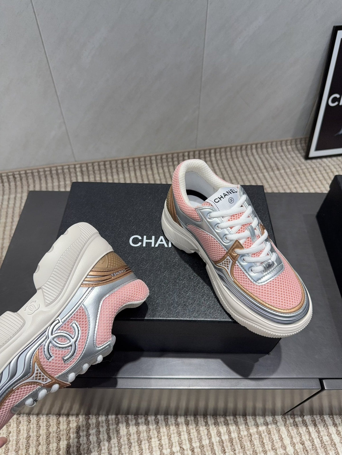 Chanel 25 Sneaker White Pink Silver Mesh Leather 540311