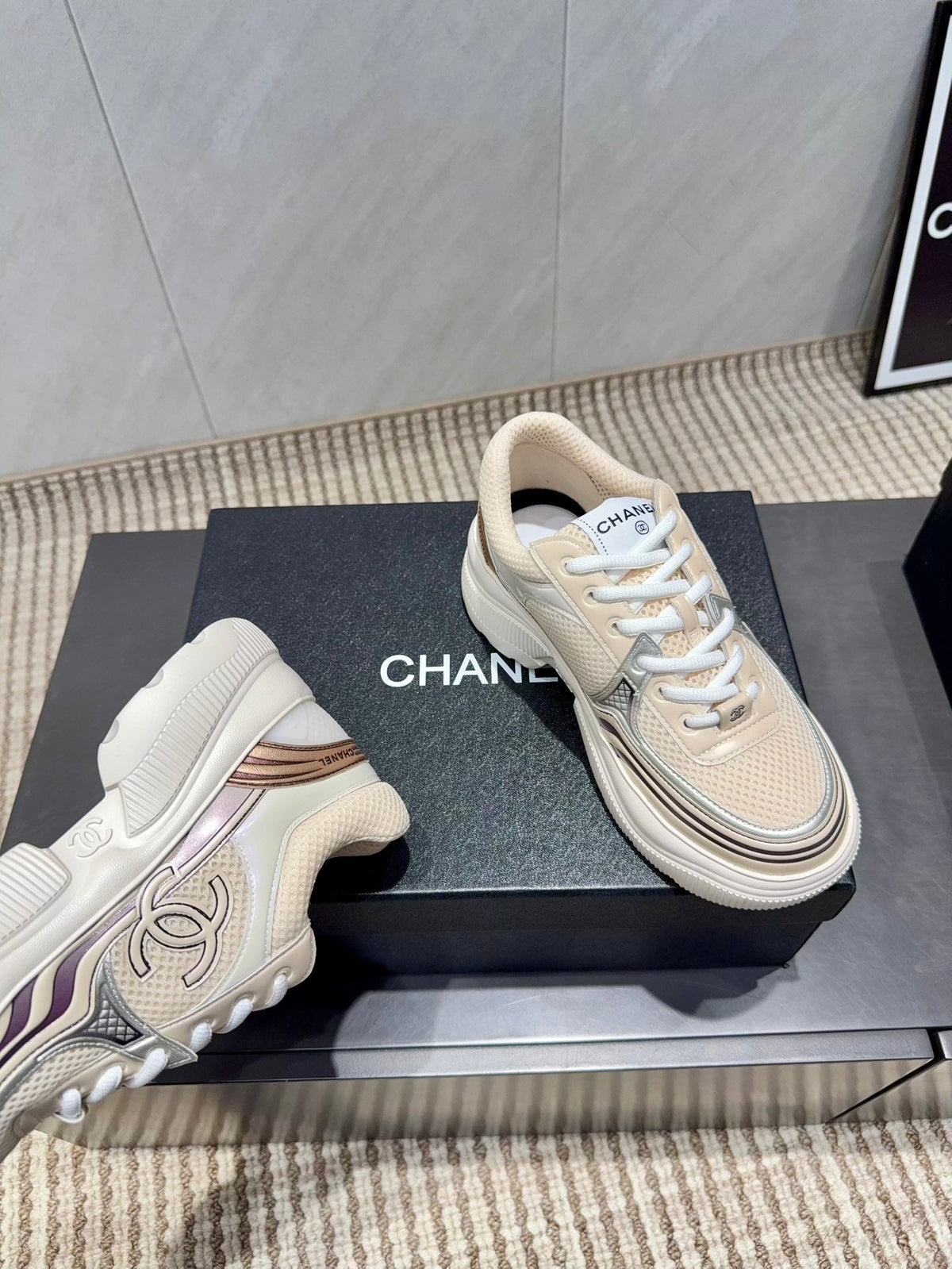 Chanel 25 Sneaker White Beige Silver Mesh Leather 540313