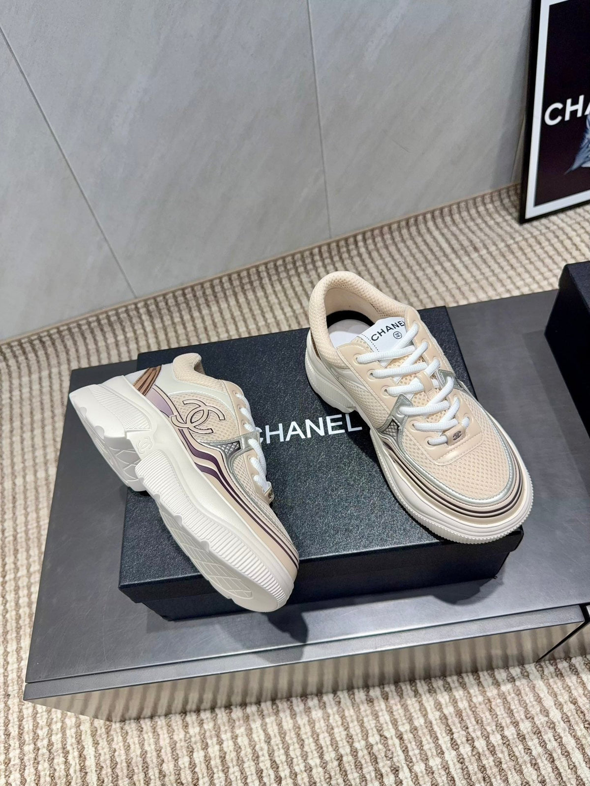Chanel 25 Sneaker White Beige Silver Mesh Leather 540313