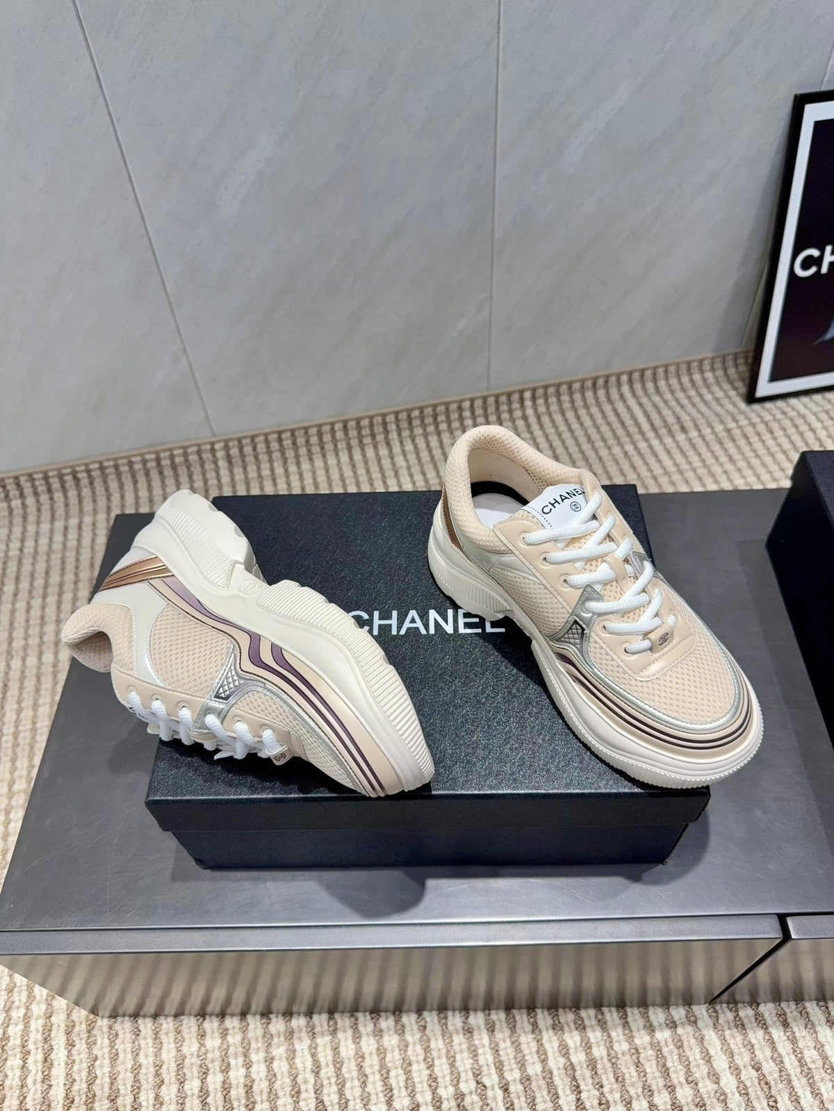 Chanel 25 Sneaker White Beige Silver Mesh Leather 540313
