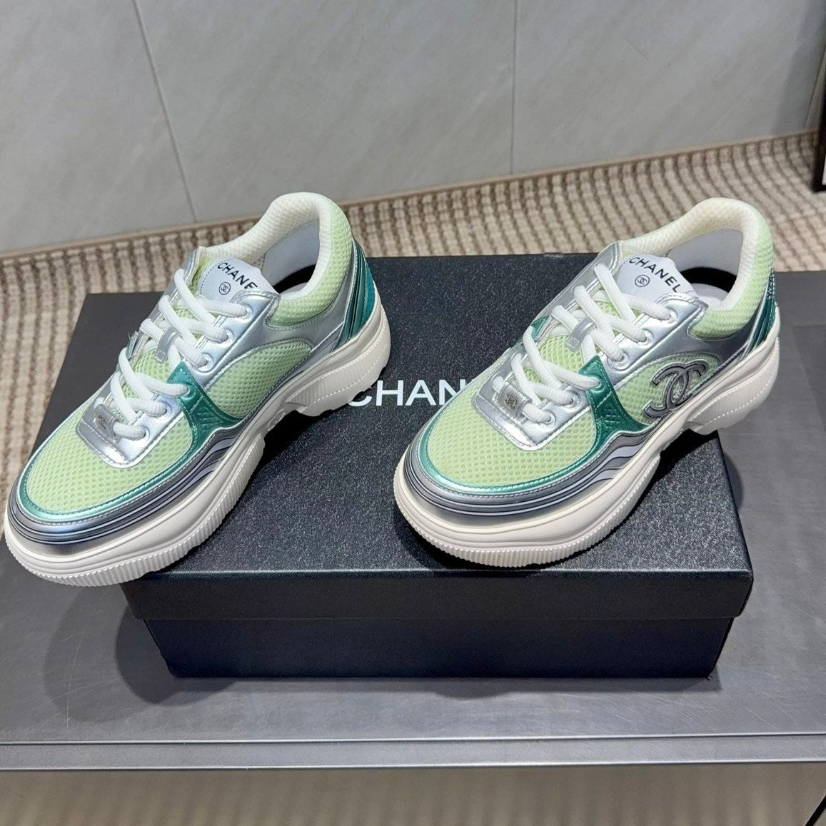 Chanel 25 Sneaker White Green Silver Mesh Leather 540315