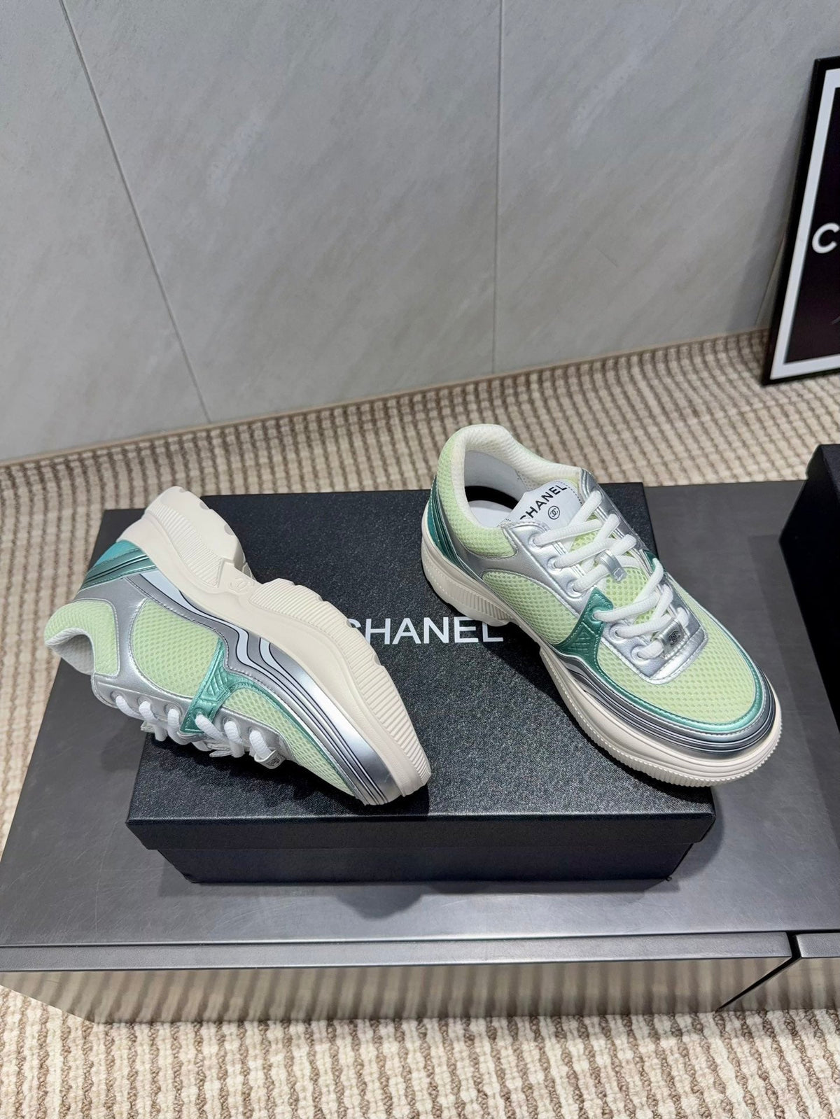 Chanel 25 Sneaker White Green Silver Mesh Leather 540315