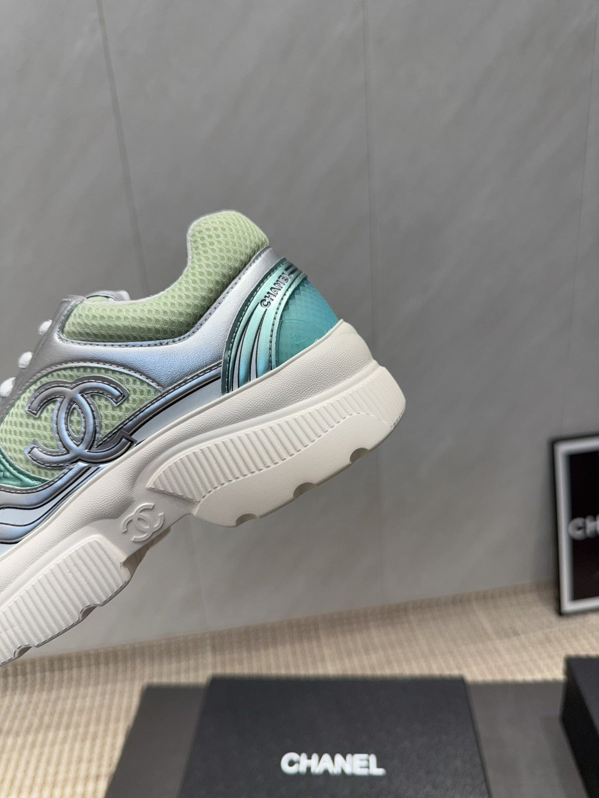 Chanel 25 Sneaker White Green Silver Mesh Leather 540315