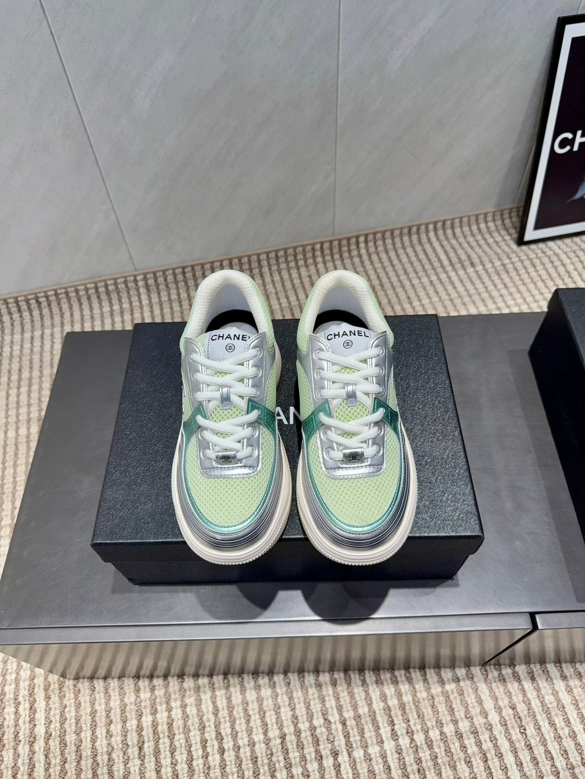 Chanel 25 Sneaker White Green Silver Mesh Leather 540315