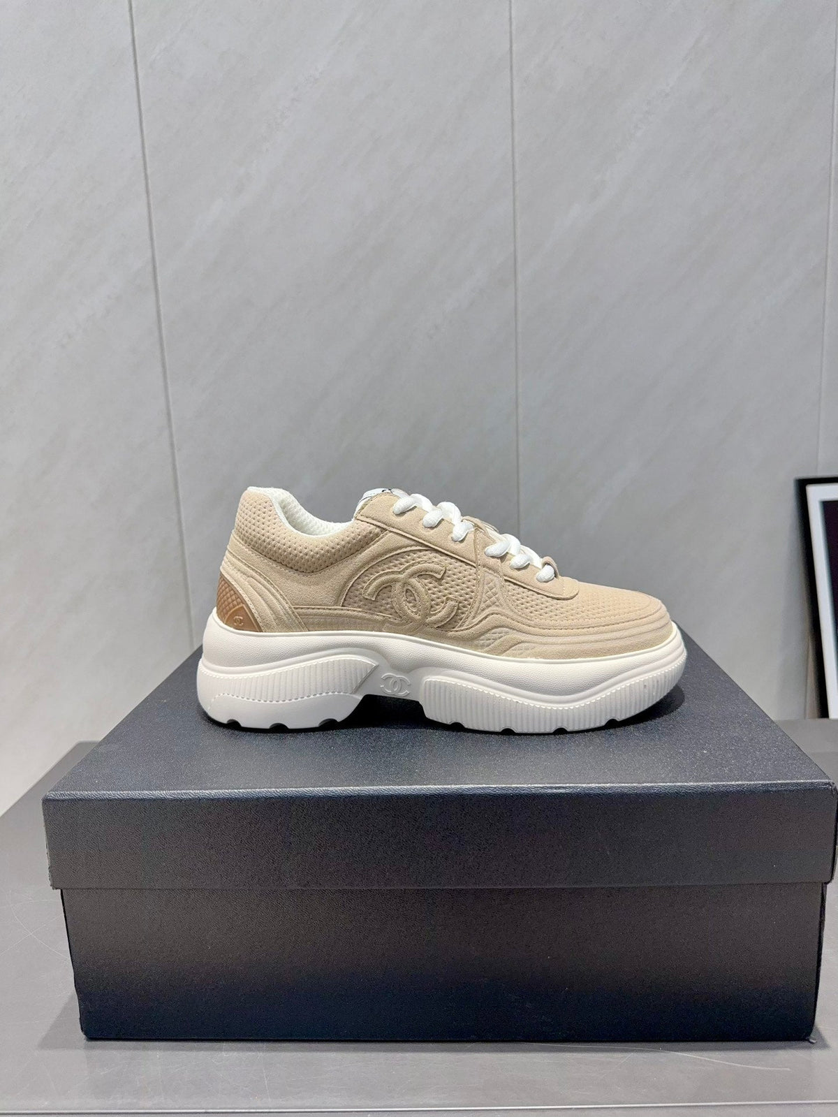 Chanel 25 Sneaker Light Brown White Mesh Fabric 540318