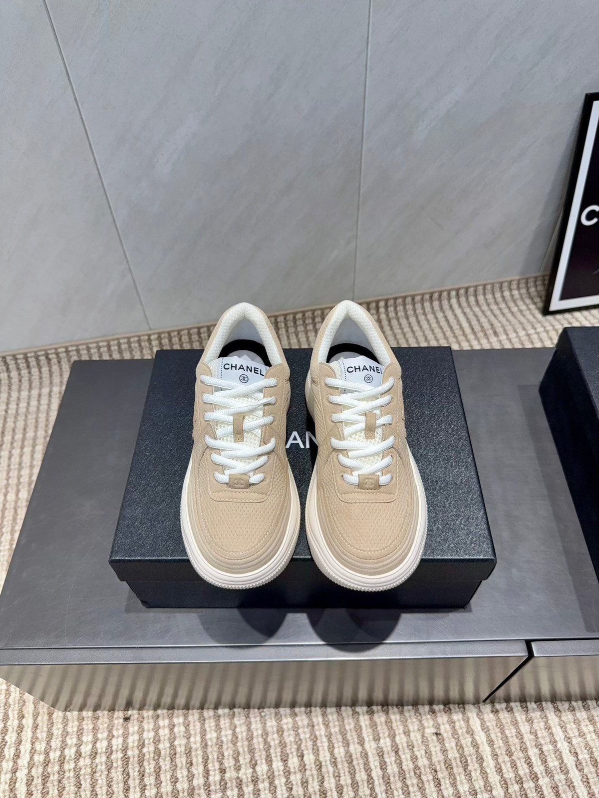 Chanel 25 Sneaker Light Brown White Mesh Fabric 540318