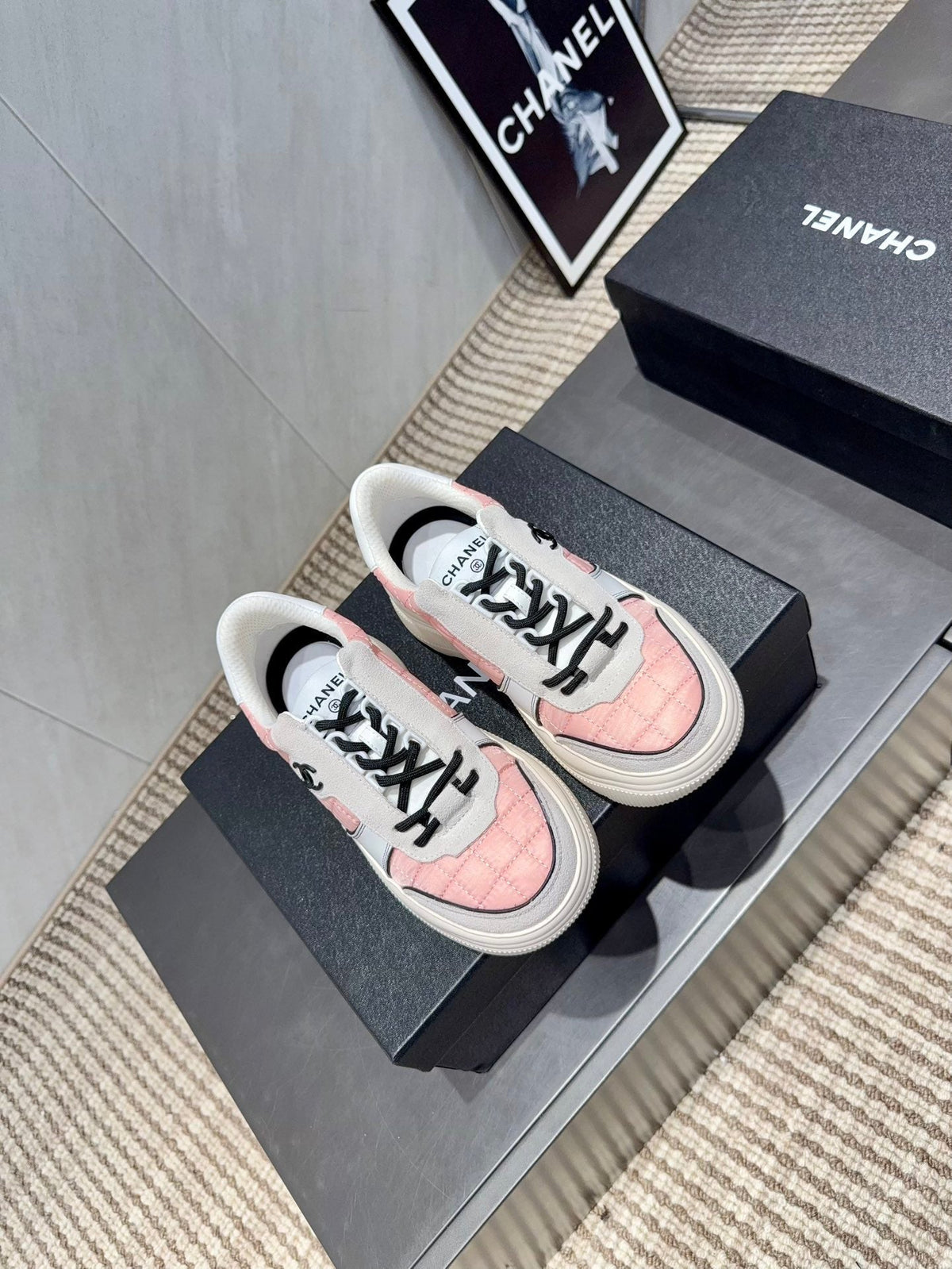 Chanel 25 Sneaker Ivory Pink Suede Fabric 540332