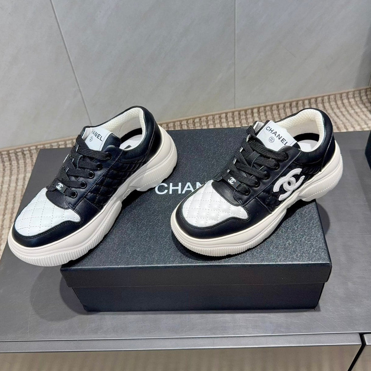 Chanel 25 Sneaker Ivory Black White Suede Fabric 540333